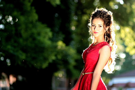 photo of a woman's wearing red crew neck sleeveless dress thumbnail