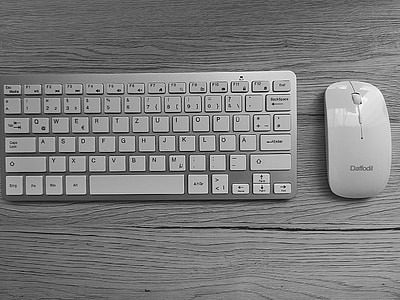 silver wireless keyboard beside white wireless mouse both on brown wooden panel thumbnail