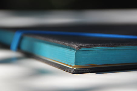 closeup photo of black and blue book thumbnail