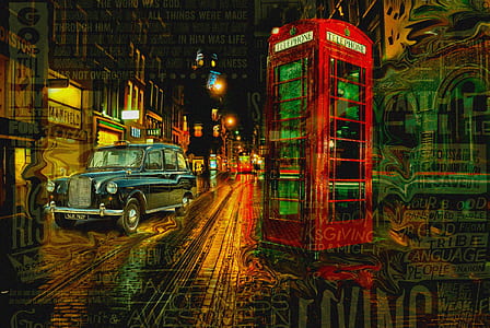 classic blue car beside red telephone booth thumbnail