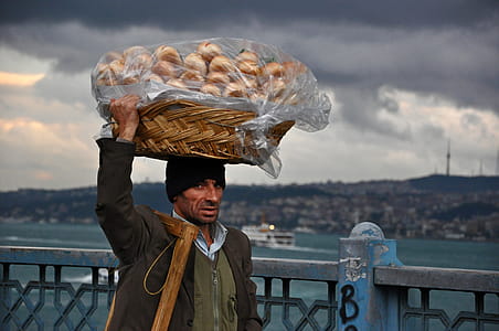 Basket on Man's Head Under Cloudy Sky thumbnail