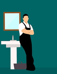 Illustration of plumber leaning on sink, working on fixtures in bathroom. thumbnail