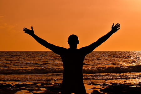 silhouette photo of man standing on seashore thumbnail