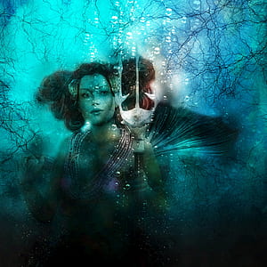 mermaid holding white skull armor digital wallpaper thumbnail