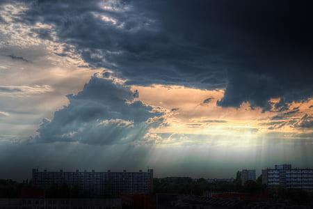 city, clouds, cloudy, ray of sunshine thumbnail