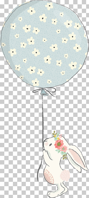 Children's Day Illustration, Creative Children's Day, rabbit holding blue floral balloon PNG clipart