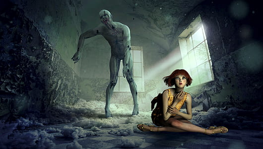 yellow dressed woman sitting on gray and black ceramic flooring thumbnail