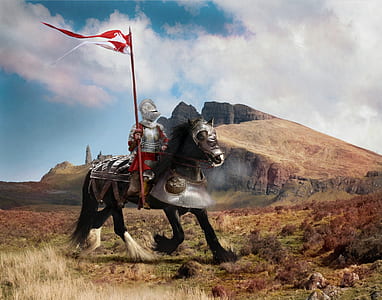 knight holding flag riding horse during daytime thumbnail