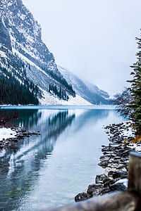 calm body of water near snow filled mountains digital wallpaper thumbnail