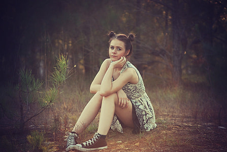 photo of woman wearing gray sundress and high top sneakers sitting on ground thumbnail