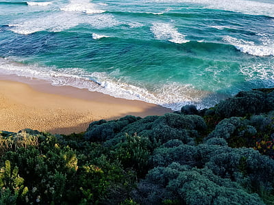 bird's-eye view photo of sea waves crashing on shore thumbnail