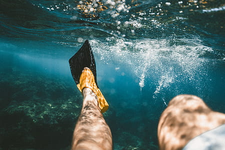 person wearing black and yellow flippers underwater thumbnail