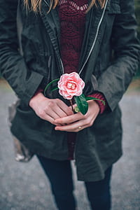 woman in black coat holding pink petaled flower in selective focus photo at daytime thumbnail