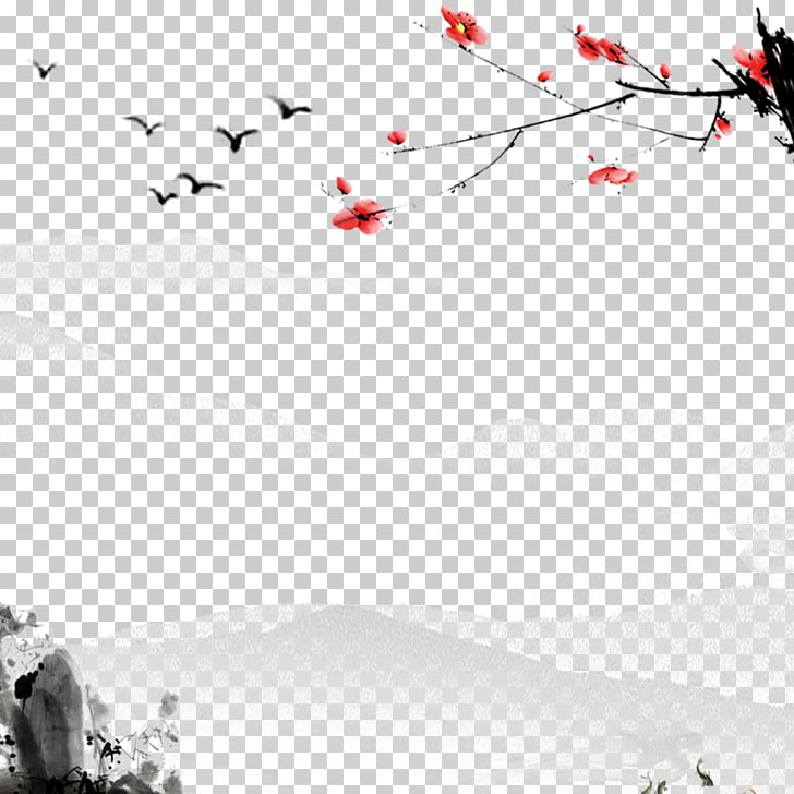 Ink wash painting Plum, Ink mountain, wild goose group, flying plum blossom, birds on sky and red tree PNG clipart