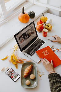 Female desk with orange notebook and pumpkins thumbnail