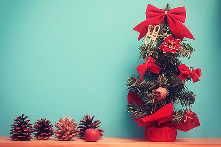 green Christmas Tree with bow accents on brown wooden deck thumbnail