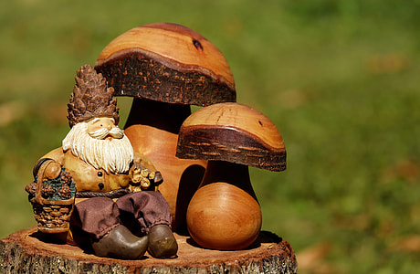 person taking photo of multicolored man with two mushrooms wooden decor thumbnail