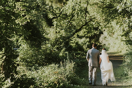 bride and groom walking in forest thumbnail