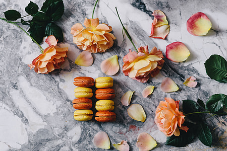 Overhead view of macarons on a marble slab thumbnail
