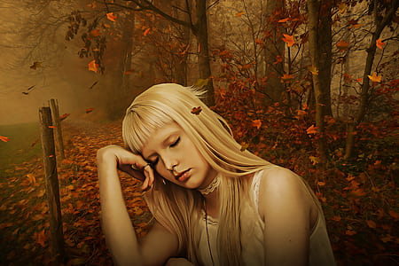 woman with blonde hair near red trees painting thumbnail