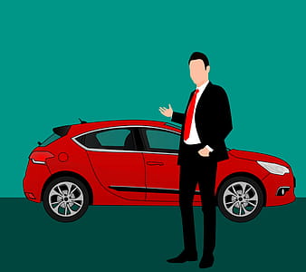 Illustration of man in suit selling red car. thumbnail