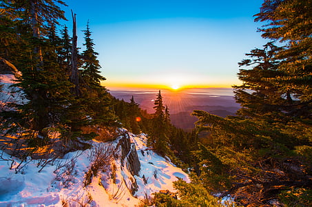 landscape photography of mountain alps surrounded by tree during golden hour thumbnail