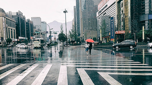 photo of woman holding red umbrella walking on pedestrian lane thumbnail