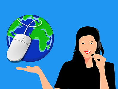 Information technology drives global communication - illustration of woman in headset with globe. thumbnail