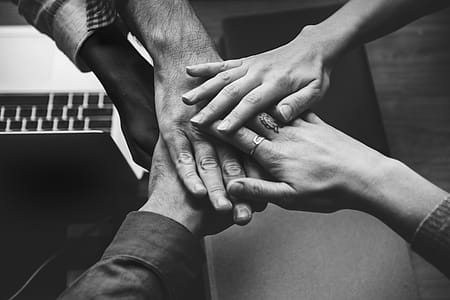Monochrome Photo of Hands On Top Of Each Other thumbnail