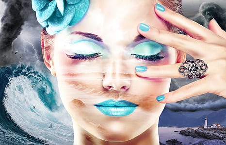woman with blue lipstick, manicure and eyeshadow wallpaper thumbnail