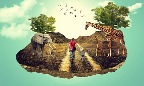 woman and child walking near giraffe and elephant graphic poster thumbnail