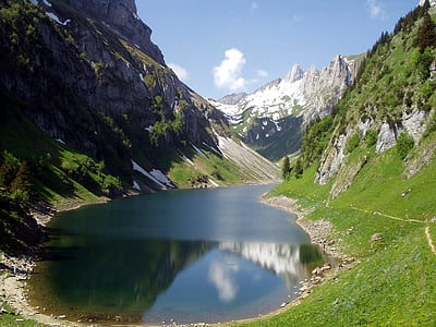 photo of lake and green mountain under blue sky thumbnail