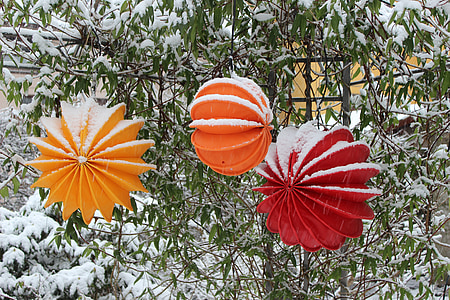 three orange and red decor hanged on tree thumbnail