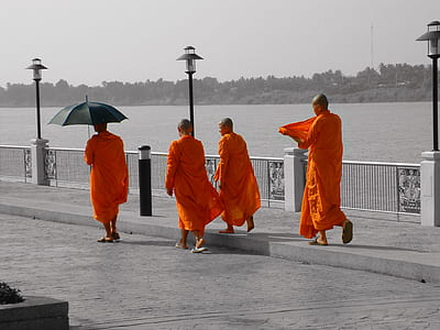 four monk walking near gray metal road railings near body of water thumbnail