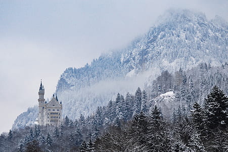 cloudy sky above castle surrounded by trees under hill at daytime thumbnail