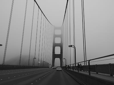 grayscale photo of suspension bridge thumbnail