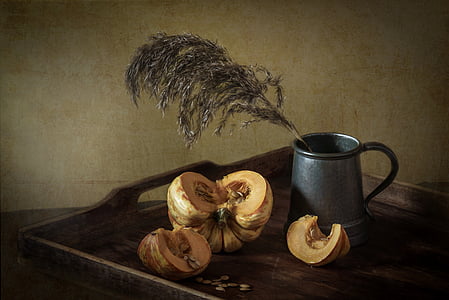 gray stainless steel cup beside squash vegetable still-life painting thumbnail
