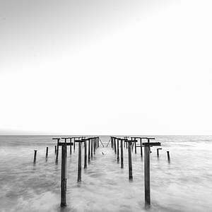 jetty, sea, black-and-white, dawn thumbnail