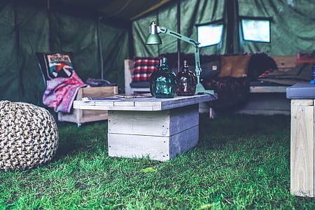Interior of military tent / wooden table thumbnail