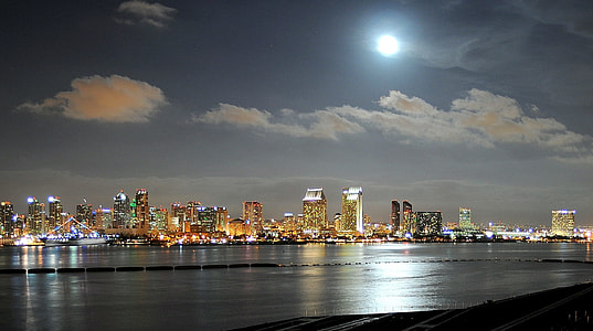 panoramic photography of buildings in front of body of water during night time thumbnail