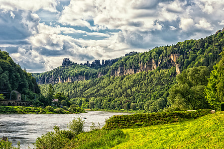 green tree filled mountain by water thumbnail