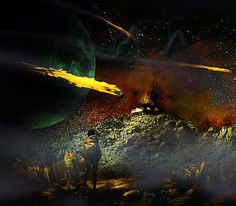 person walk during falling asteroids and green planet digital wallpaper thumbnail