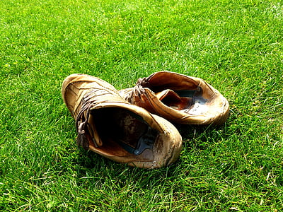 pair of brown leather low-top shoes on green grass thumbnail