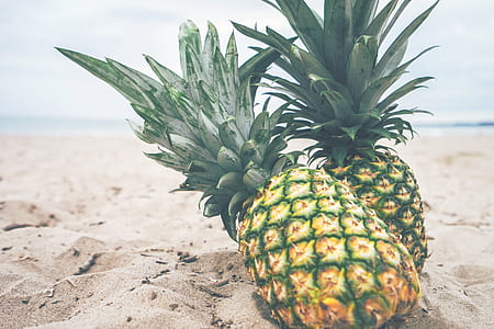two green-and-yellow pineapple on seashore thumbnail