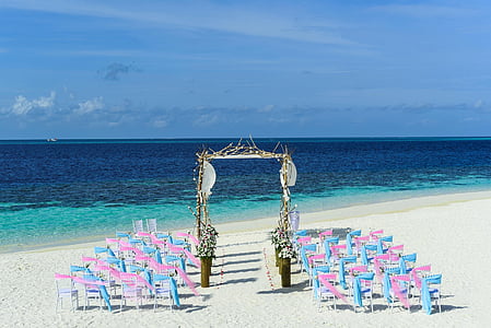 pink and blue beach wedding setup thumbnail