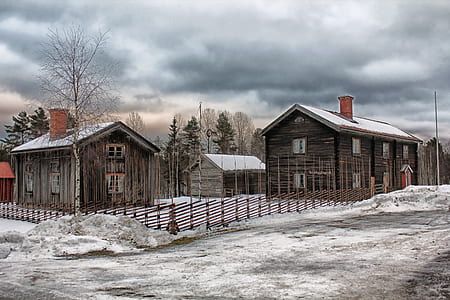 brown wooden house near trees under cloudy sky at daytime thumbnail