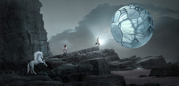 two person standing on rocks with white sphere floating and white horse thumbnail