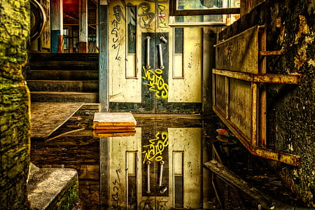 white and black closed door near stairs digital wallpaper thumbnail