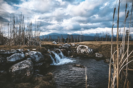 river surrounded by brown grass under cloudy skies thumbnail