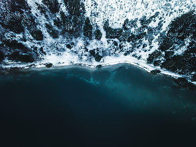 aerial photography of forest covered with snow in front body of water thumbnail